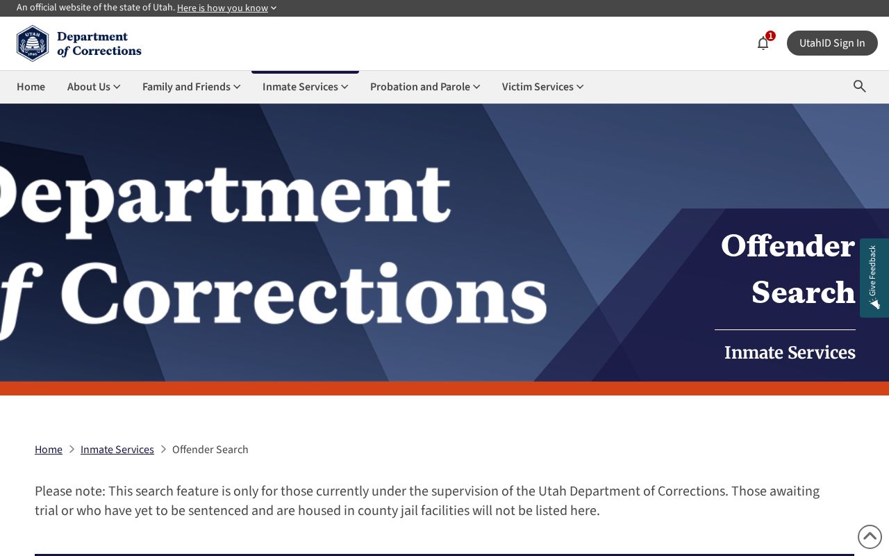 Piute County released inmate UDC offender search fields